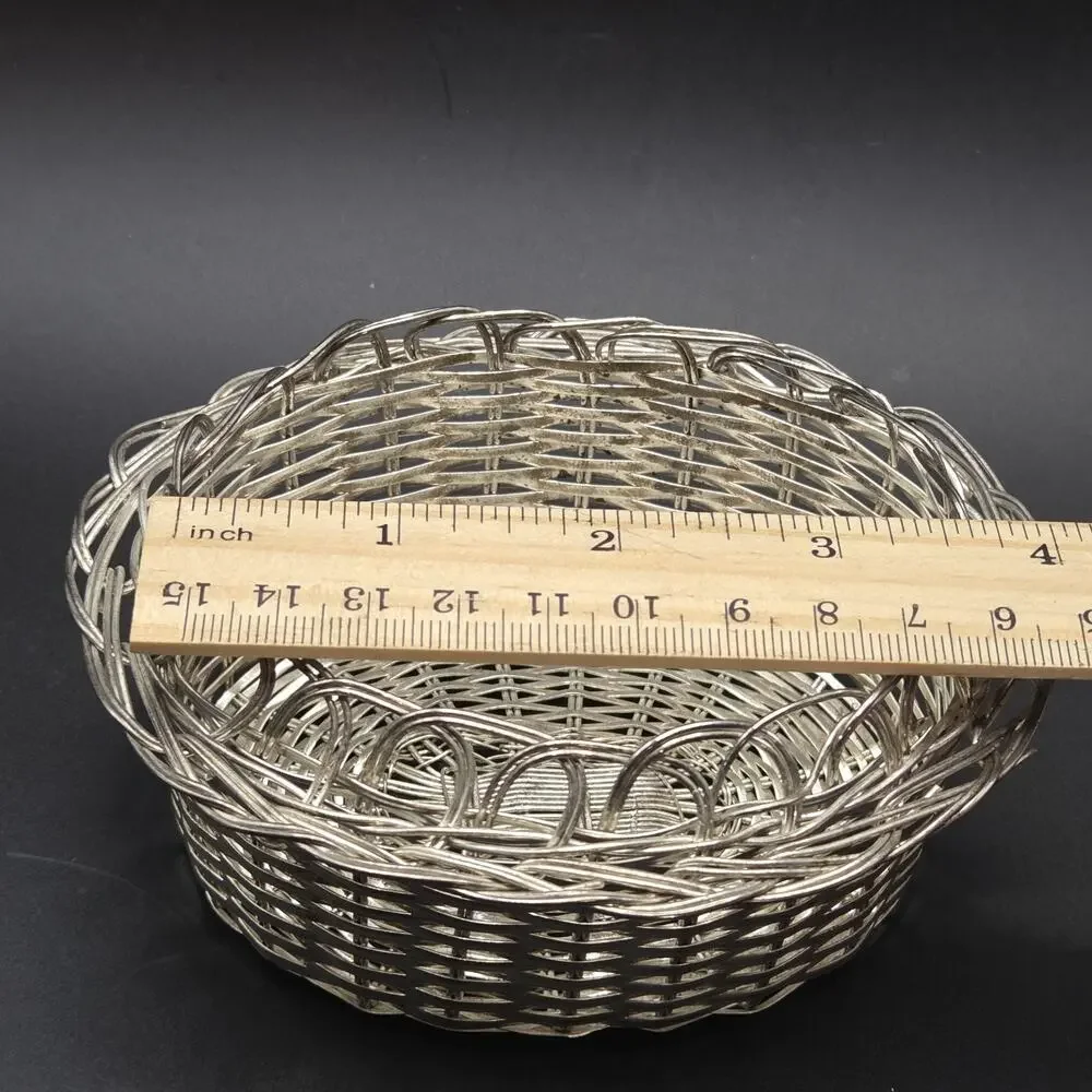 Vintage Silver Plated Woven Wire Basket Intricate Open Weave 4.5